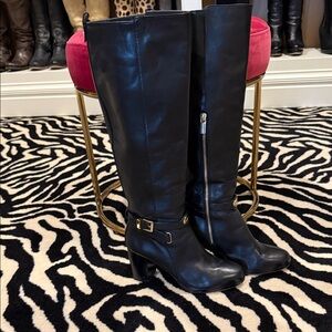Black Michael Kors Knee-High Leather Boots with Buckle